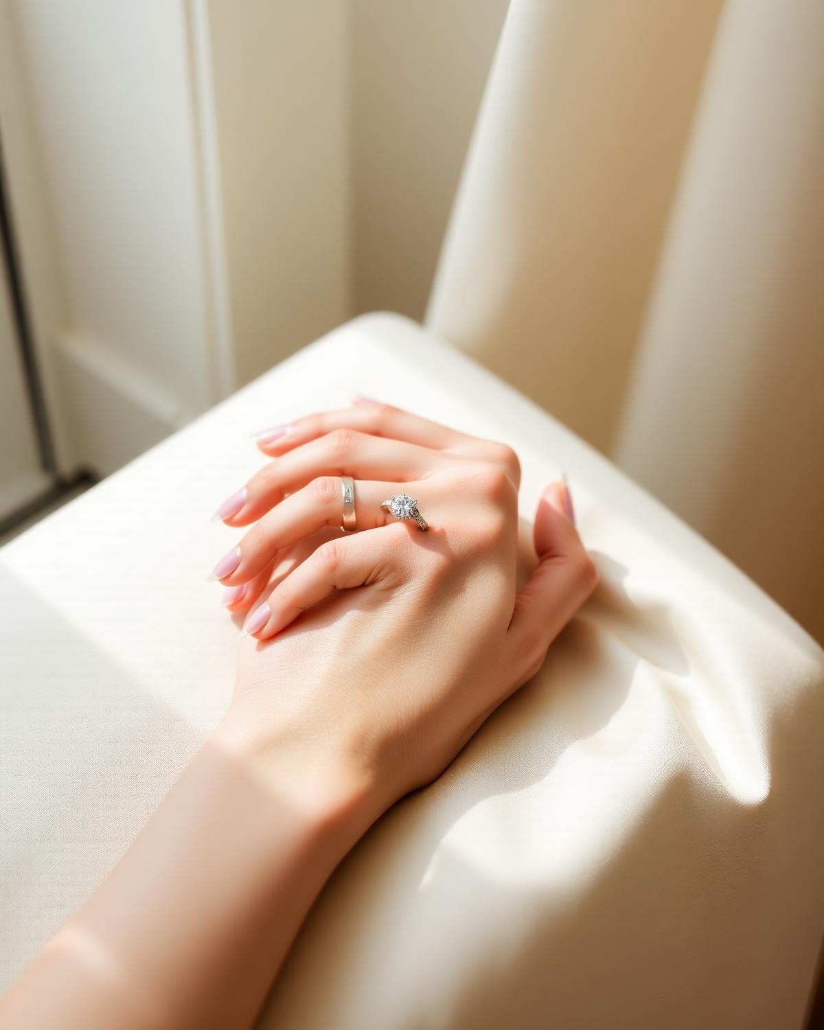 A completed bespoke diamond ring worn