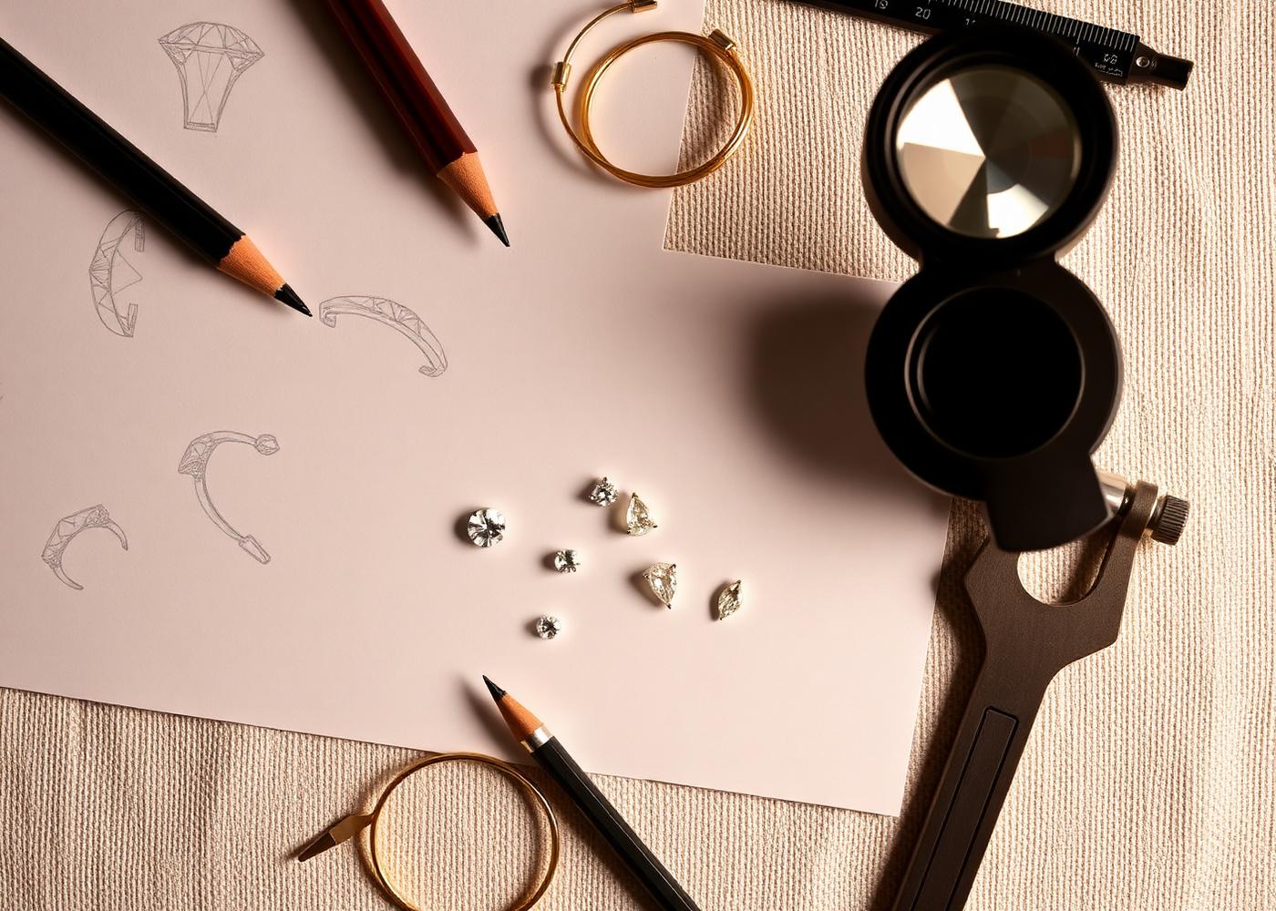Design sketches, loose diamonds and a jeweller's loupe on a workbench